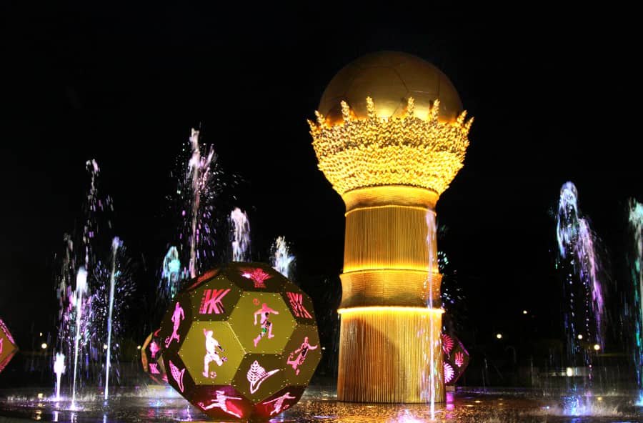 illuminated fountain with golden LED sculpture and geometric light sphere illuminated fountain with golden LED sculpture and geometric light sphere