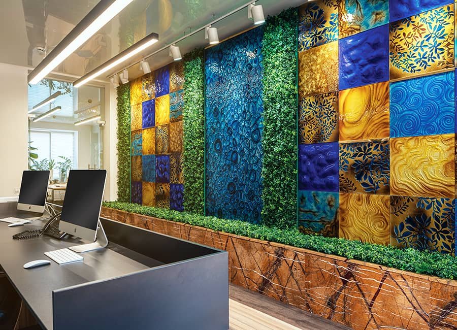 interior custom feature with glass, stone and plants interior wall feature with stone and glass