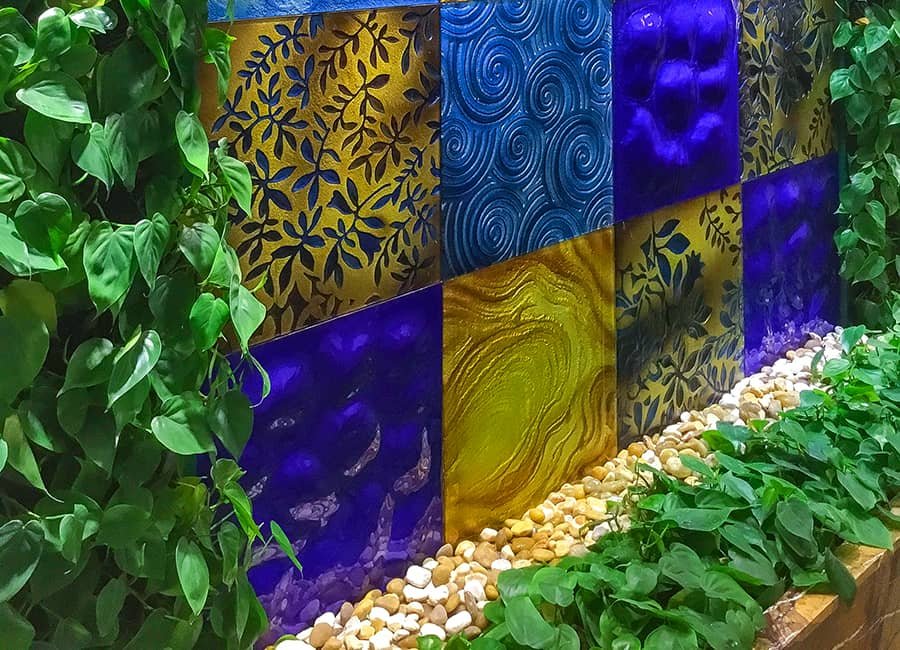 custom art wall feature with water and real plants wall art feature with glass and stone