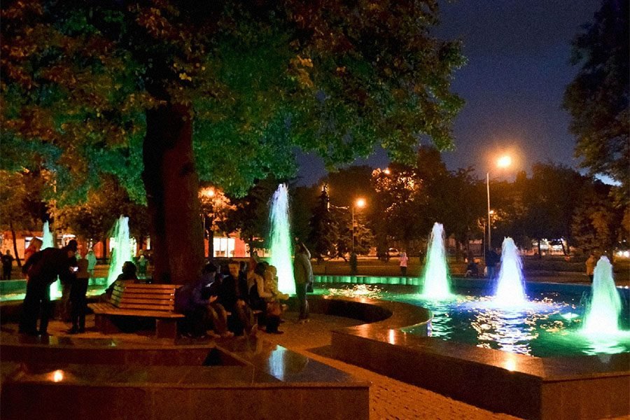 fountain square with benches fountain square with benches