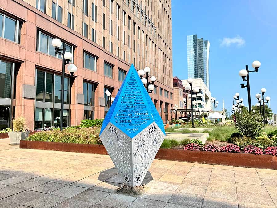 metal public art sculpture with branded engraving metal public art sculpture