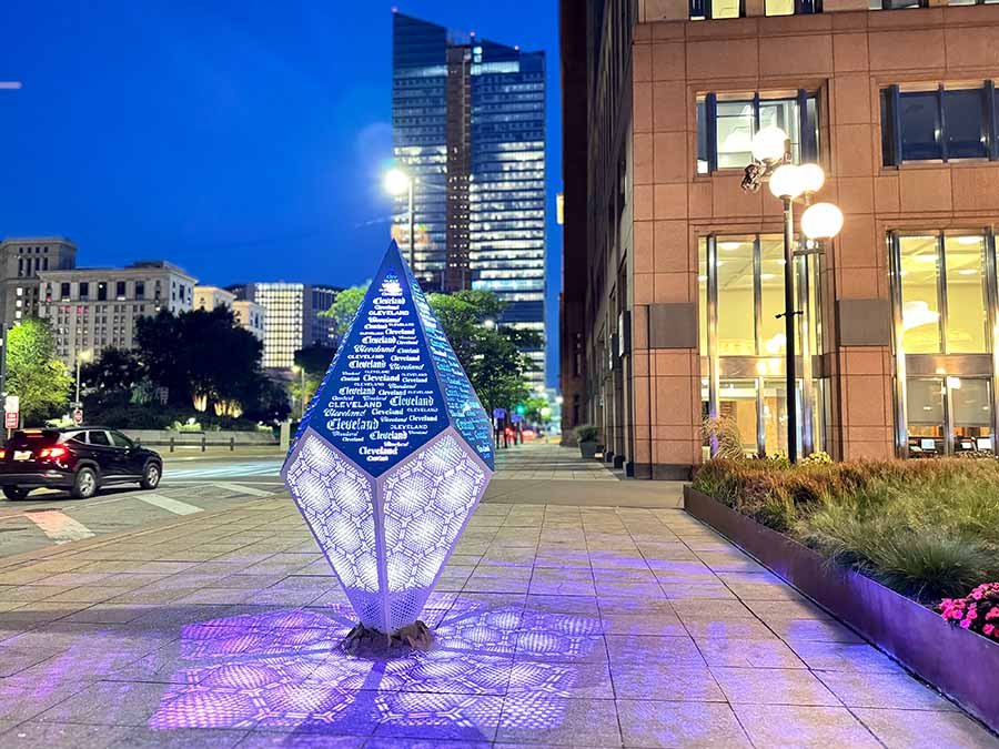 Interactive light landmark sculpture in downtown Cleveland lighted public art sculpture