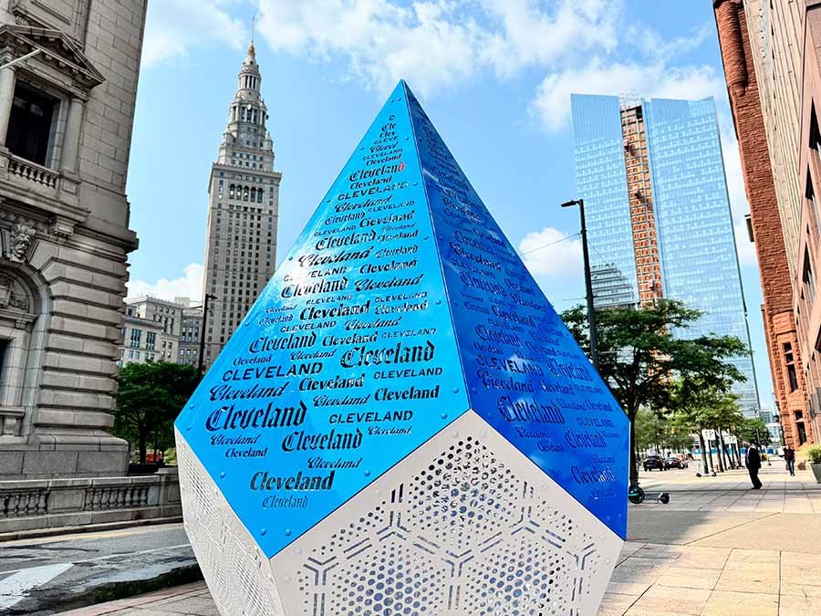 engraved metal sculpture for Cleveland downtown engraved metal sculpture