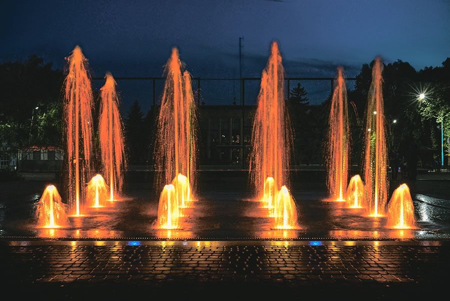 urban fountain with music and light show at night urban fountain with music and light show