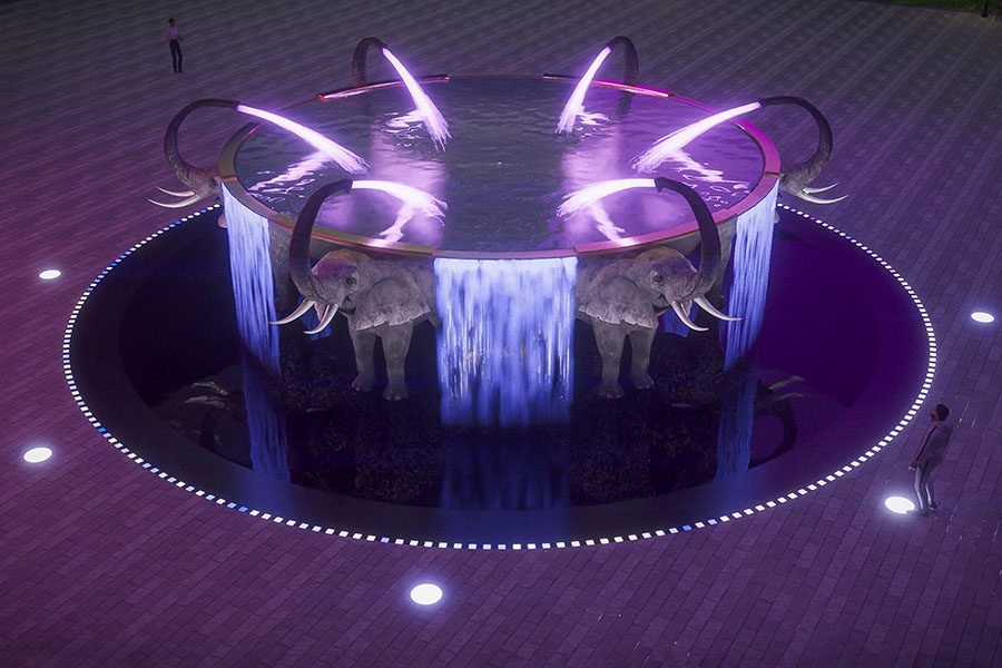 themed elephant fountain with waterfalls, illuminated water arches, and circular basin for public park or entertainment plaza elephant fountain with cascading water and light arcs