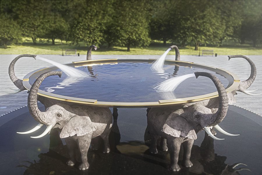 public art feature with water elephant sculptures with water feature