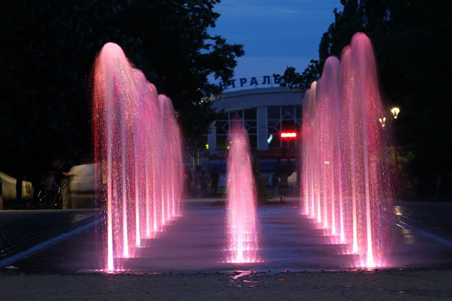 Musical LED Fountain Installation – interactive public art water feature with synchronized vertical jets for urban square LED musical fountain installation with vertical water jets in public square