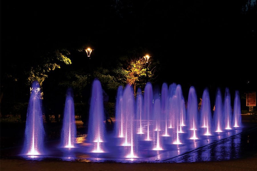 Large Musical Public Fountain Installation – interactive LED water feature large musical public fountain with LED lighting in urban park