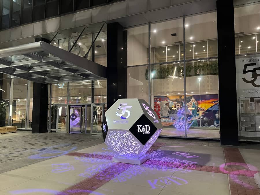 art installation in commercial Square geometric metal art installation