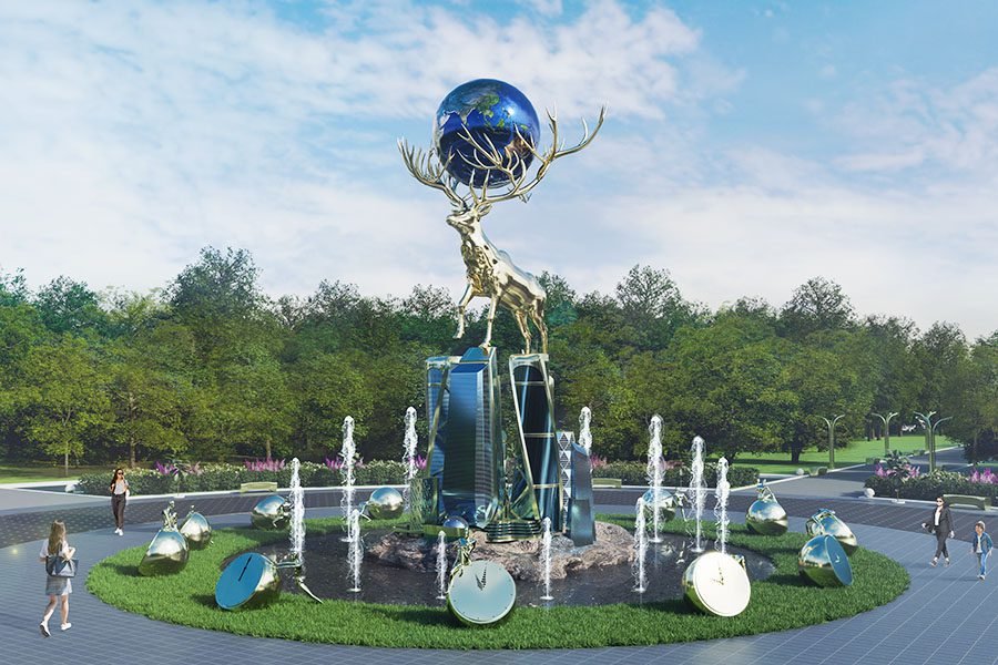 Landmark fountain with sculptural centerpiece - custom public art installation Sculptural fountain with deer and globe, surrounded by water jets
