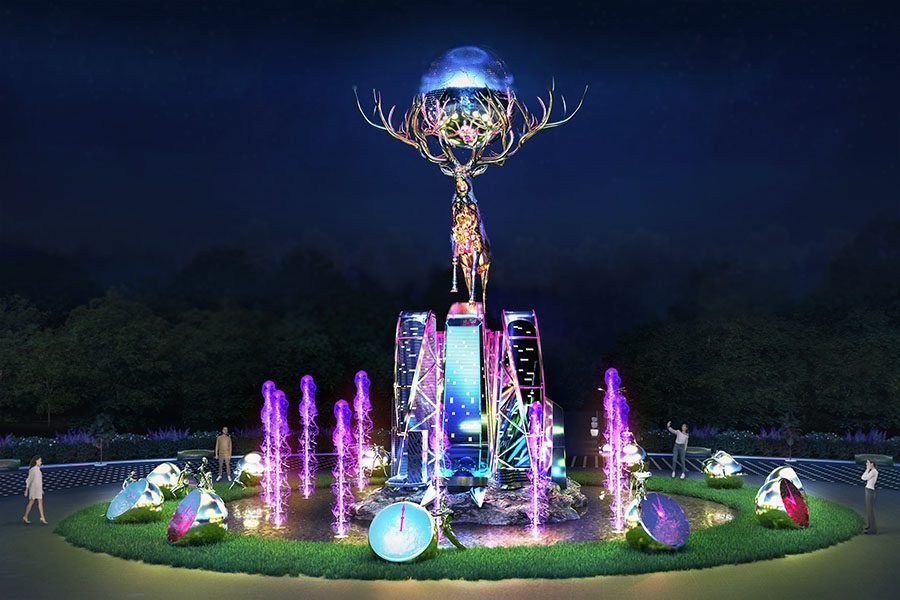 Illuminated sculptural fountain with deer, globe, and programmable water jets — custom public art installation for parks Sculptural fountain with illuminated deer and water jets