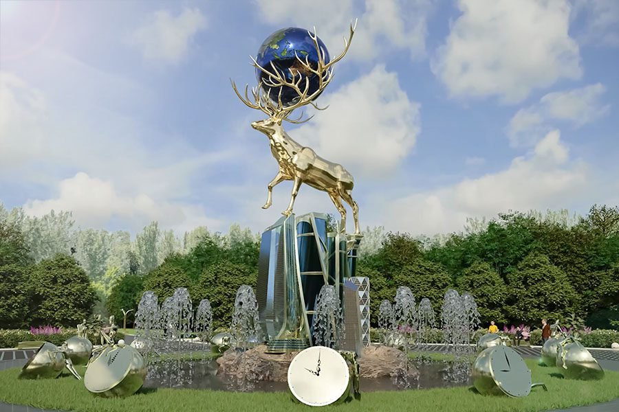 Gold stag sculpture with large architectural fountain — public art and water feature gold stag sculpture with fountain installation
