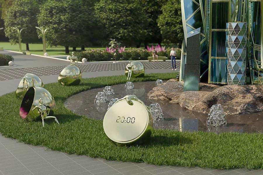 Golden clock sculptures with integrated water features — public art installation for city park golden clock sculptures with small fountains