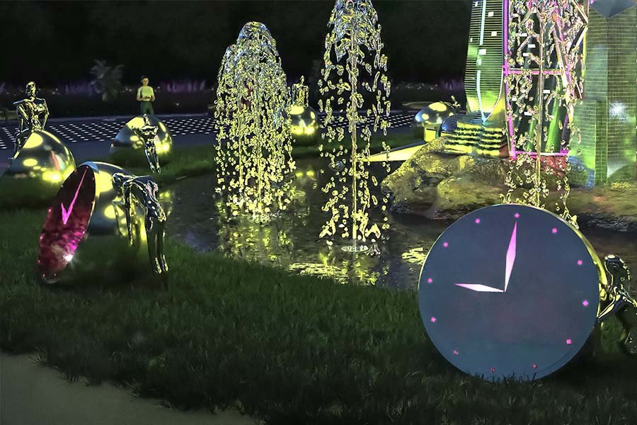 reflective metal clock with fountain around clock art feature with water fountain around