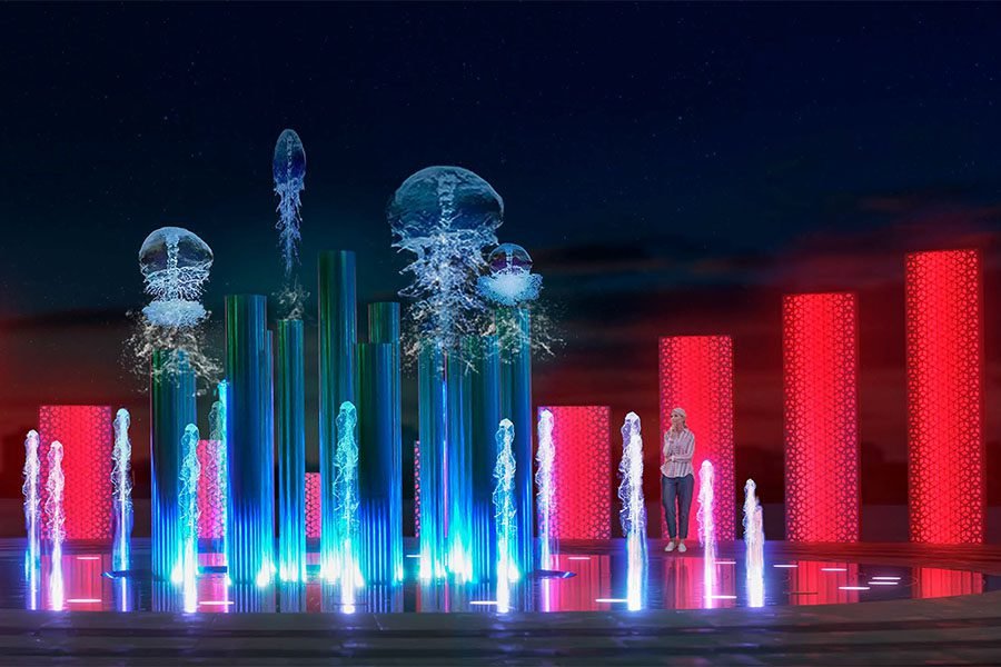 Jellyfish-Inspired Fountain Installation with LED Columns and Interactive Water Jets water fountain installation with illuminated jellyfish sculptures and LED columns