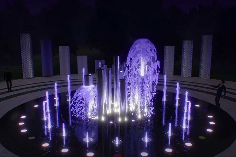 Architectural Water Feature with Glowing Jellyfish Forms and Vertical Light Pillars interactive light and water feature with glowing jellyfish elements