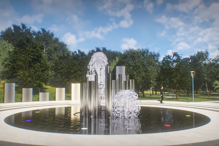 Innovative Fountain Concept Combining Metal Pillars, Water Jets, and Jellyfish-Shaped Water Sculptures public art water feature with jellyfish fountains