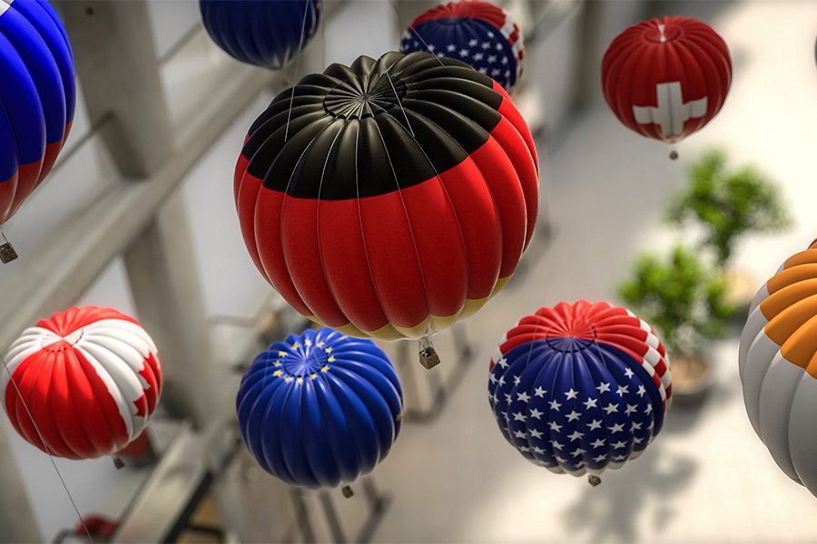 Suspended international flag balloon installation for shopping centre atrium international flag balloon installation