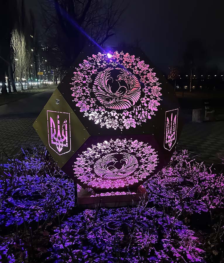 public space art installation with traditional patterns using light art installation large size outdoor in metal with light
