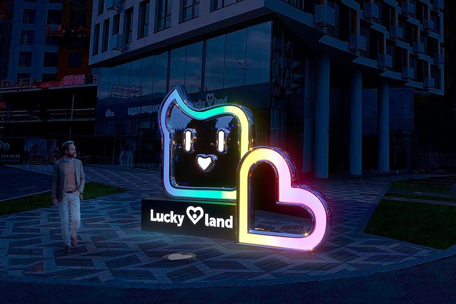 lluminated Lucky Land outdoor logo sculpture with LED contour lighting illuminated Lucky Land logo sculpture