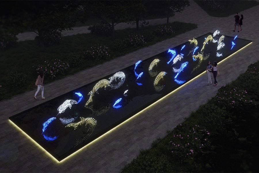 Custom stainless steel fish sculpture in large reflective water pool custom public art installation with stainless steel fish in urban water pool