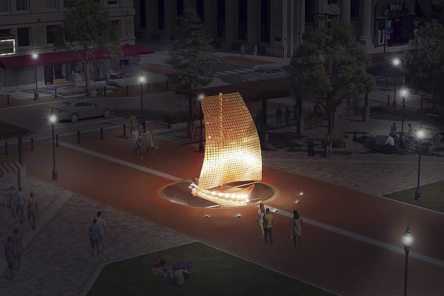 Sailboat – contemporary outdoor art installation placed in the center of a public square in Illinois, symbolizing freedom and movement sailboat art installation on public square in Aurora Illinois