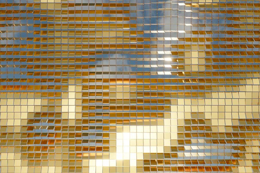 Kinetic Sail Installation – a reflective sail structure made of golden engraved panels that dance with the wind, symbolizing freedom and movement moving reflective sail art installation made from golden engraved panels