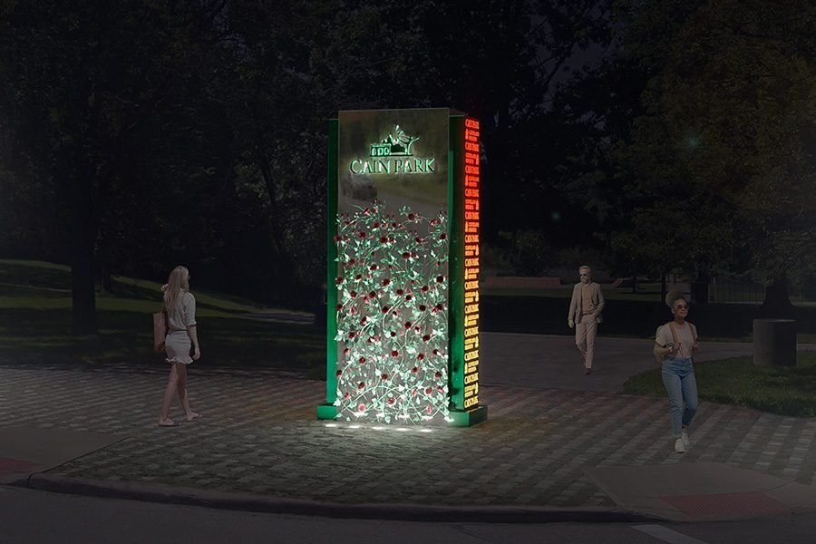 Illuminated public art installation with light and glass elements in city park lluminated public art installation in park
