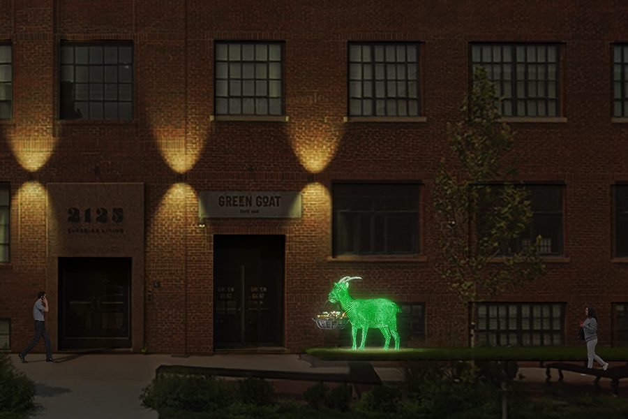 green goat sculpture in front of the restaurant art feature in from of the restaurant