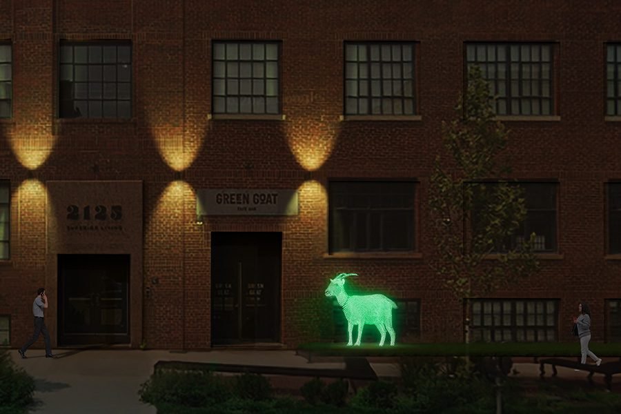 Custom green goat sculpture near the Green Goat café — public art, outdoor sculpture, custom branding Green goat statue outside Green Goat café