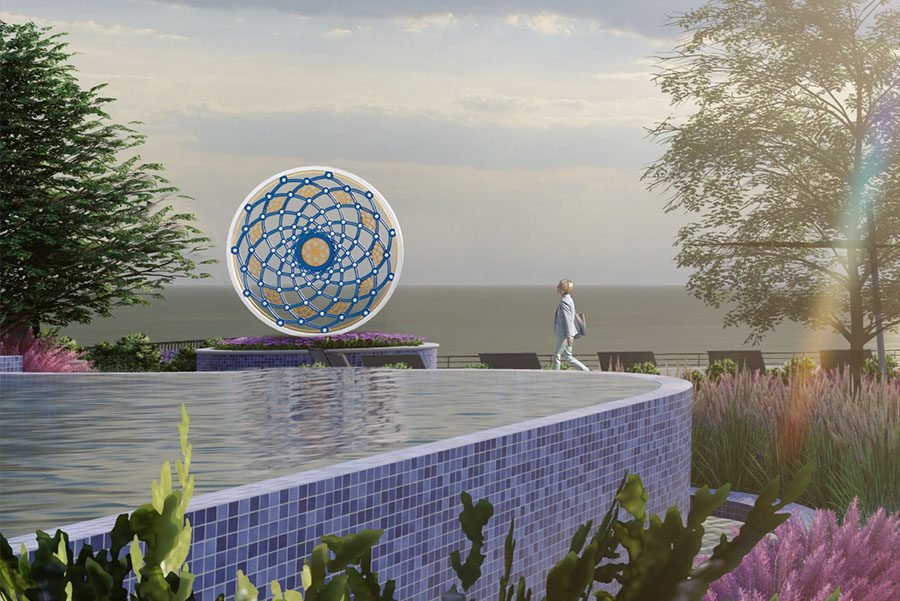 contemporary mandala-inspired art sculpture in luxury landscape design overlooking the sea, integrated with modern infinity pool architecture outdoor mandala sculpture by infinity pool