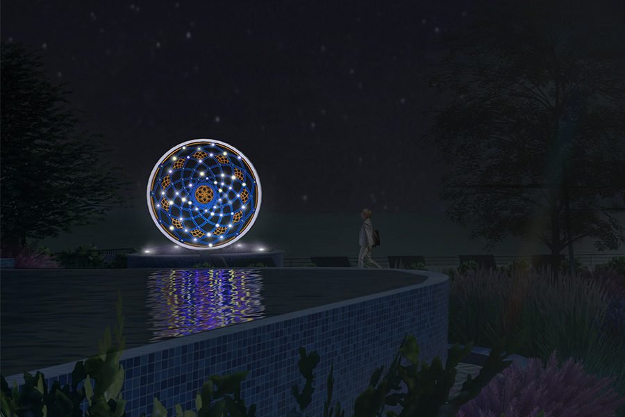glowing geometric mandala art sculpture reflecting in an infinity pool at night, creating an ambient luxury landscape installation illuminated mandala sculpture