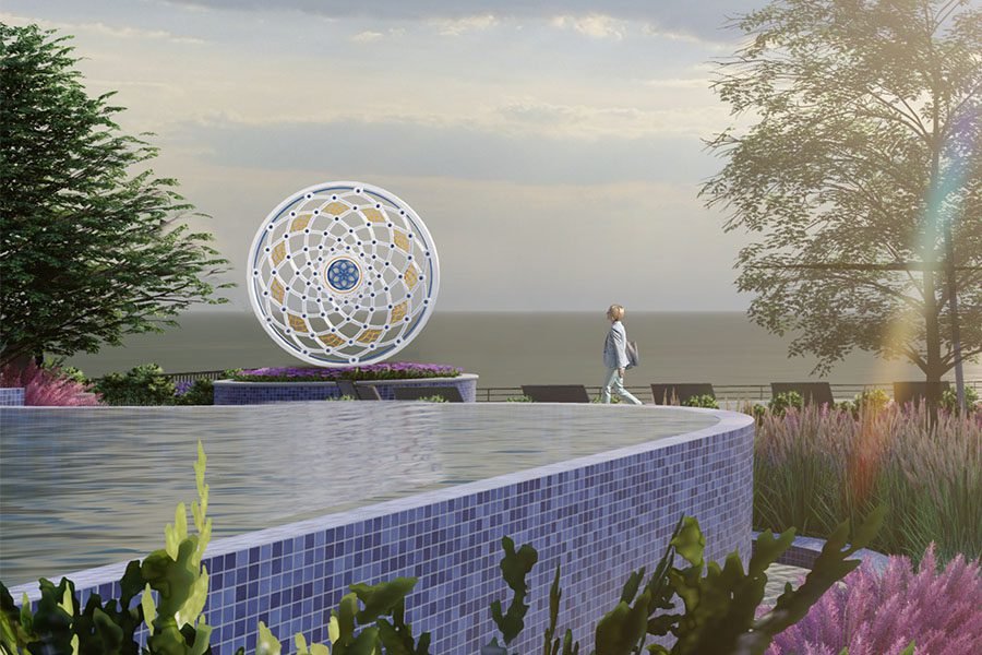 contemporary mandala art sculpture installed beside an infinity pool in a coastal landscape garden with soft natural daylight outdoor mandala sculpture by infinity pool in modern landscape