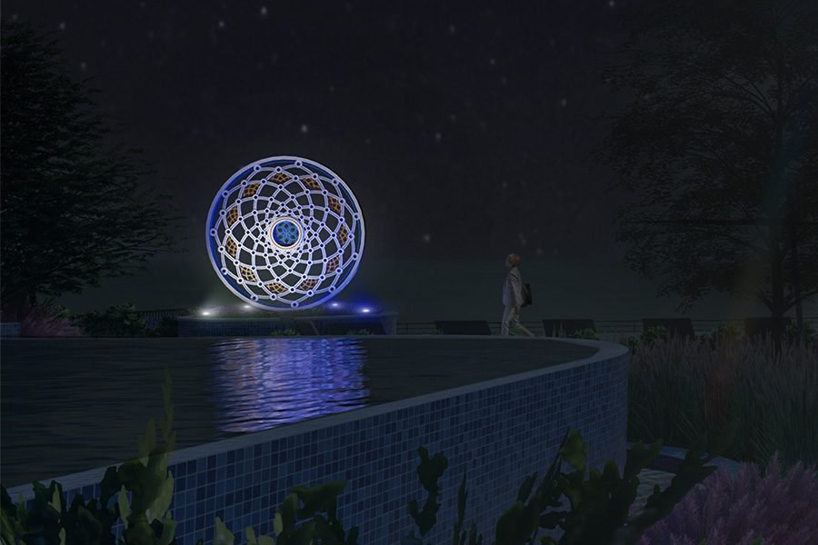 glowing mandala light sculpture reflecting in an infinity pool within a modern landscape garden illuminated mandala sculpture by infinity pool at night