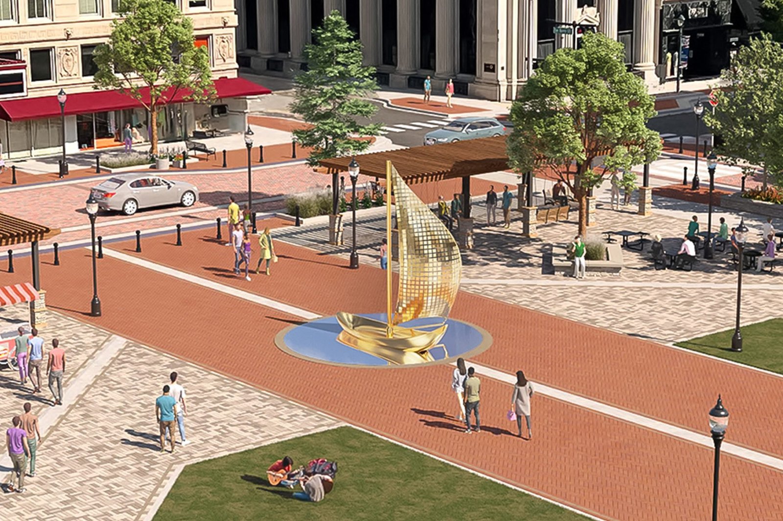 Reflective Sailboat installation – merging art, architecture, and light within an open urban environment etal sailboat sculpture outdoor installation city park