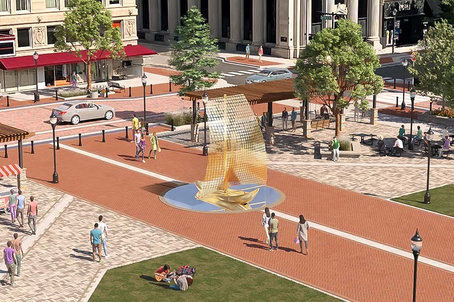 Public Art Sailboat Sculpture – outdoor installation in Illinois town square symbolizing freedom and connection through modern design public art sailboat sculpture in Illinois town square