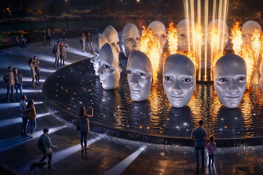 Kinetic sculptural fountain installation with rotating human faces and fire elements Kinetic fountain with rotating sculptural faces