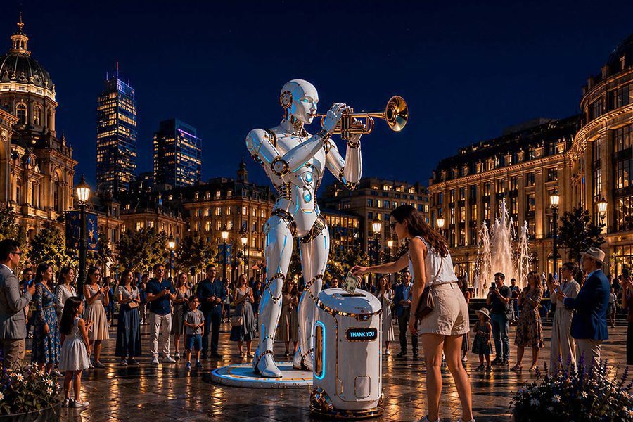 interactive art robot plays trumpet on public at night and around is people watching interactive art robot plays trumpet on public at night and around is people watching