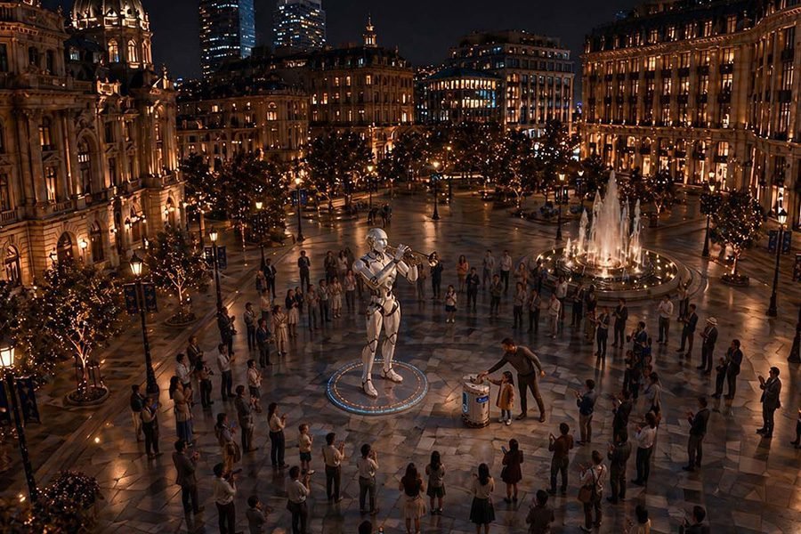 interactive art robot plays trumpet robot plays trumpet at night interactive art