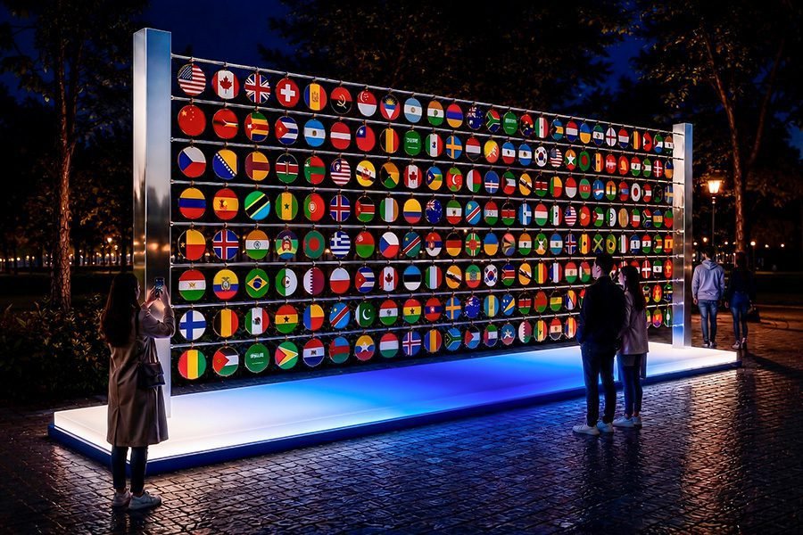 kinetic installation with coins showing different flags kinetic installation with coins showing different flags