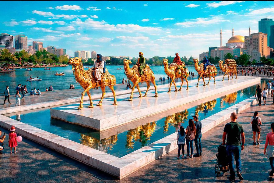 public art installation with camels introducing Silk Road surrounded with water feature and steam public art installation with camels introducing Silk Road surrounded with water feature and steam