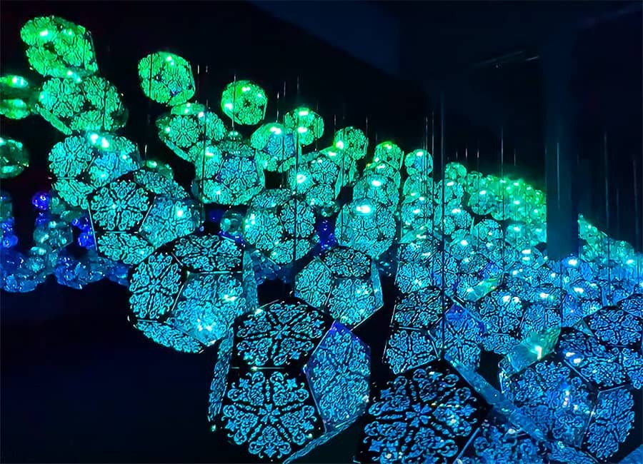 pendants in perforated metal with blue light