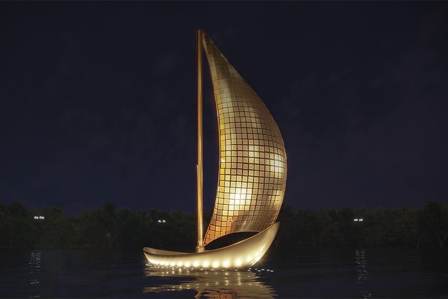 metal art feature on the lake