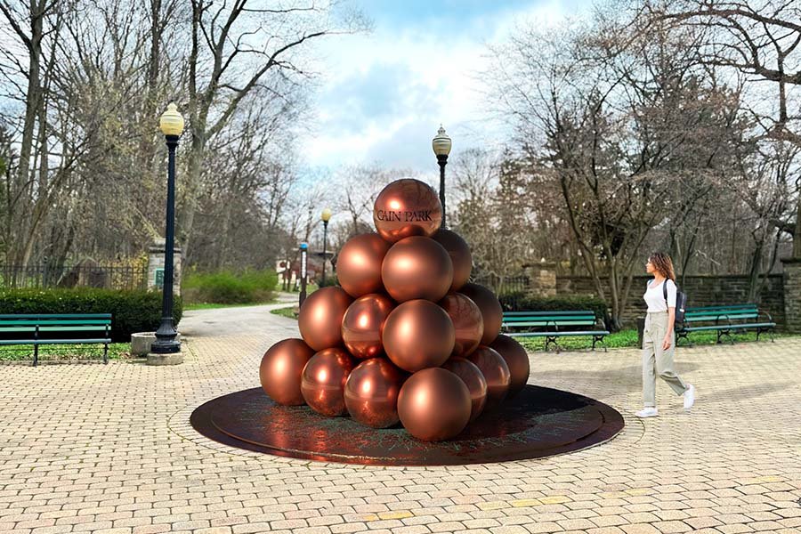 Public art light installation with metallic spheres
