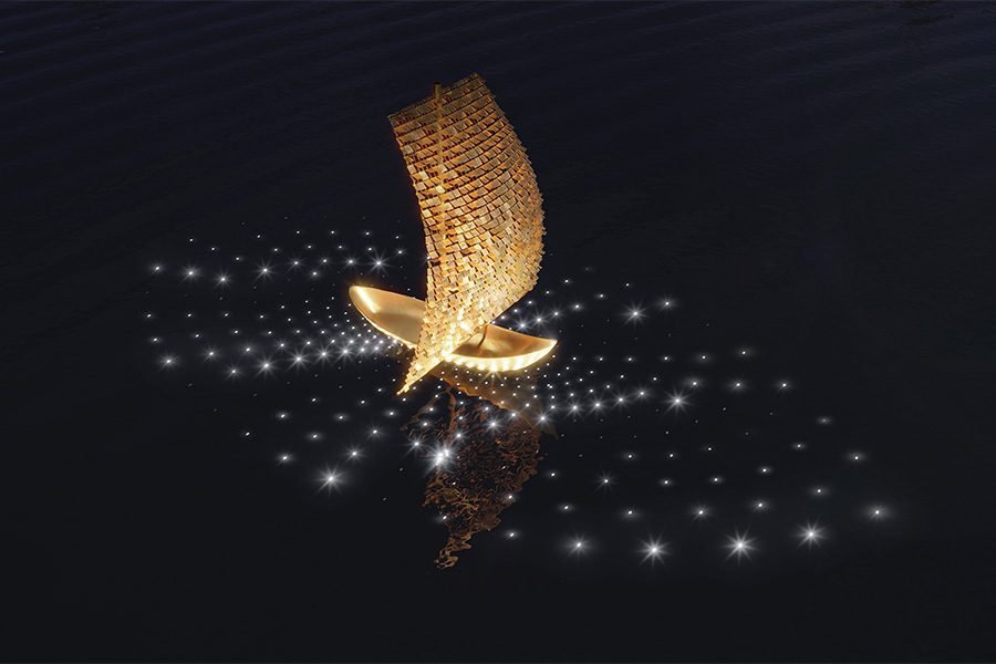 Illuminated art installation on water