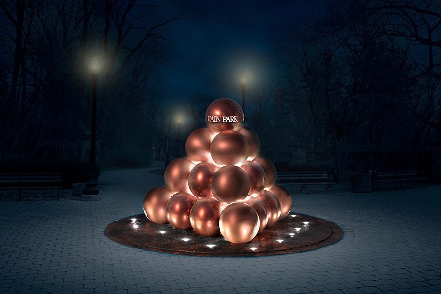 Illuminated sculptural installation in Cain Park