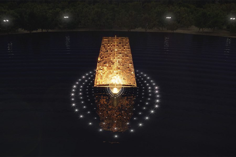 Floating sculptural light feature on lake