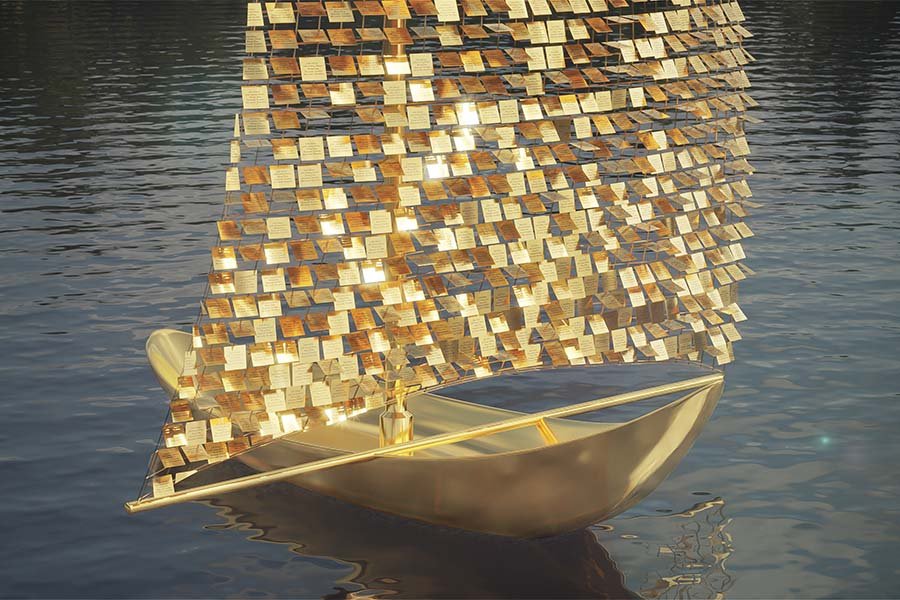 Floating sail sculpture on lake