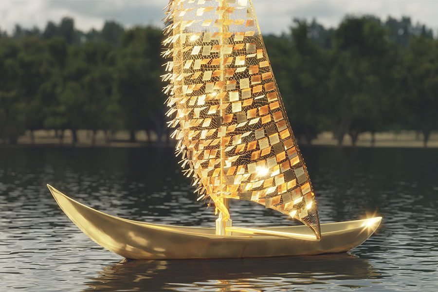 Floating sail sculpture on lake