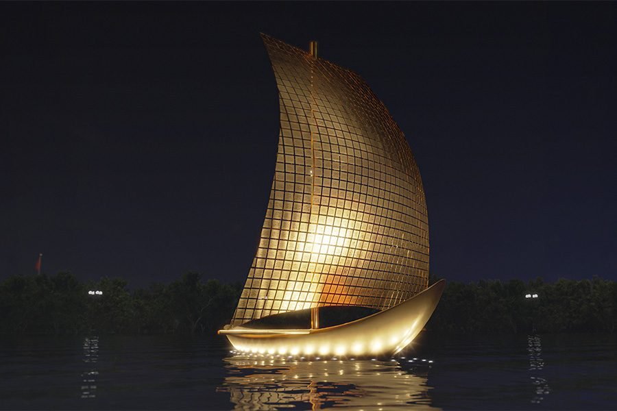 Floating sculptural boat installation